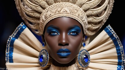 An elegant model displays a striking headdress adorned with intricate patterns while showcasing vibrant blue makeup that accentuates her features beautifully