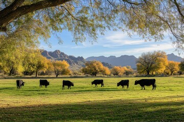 Fototapeta premium Arizona Cattle Grazing in Autumn Meadow with Green Grass and Trees