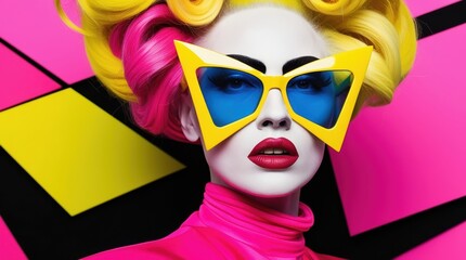 A fashion-forward model showcases high-energy style with oversized sunglasses, vivid hair, and bright attire, illuminated against an eye-catching geometric background