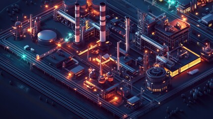 Fototapeta premium 3D illustration of industrial infrastructure in isometric view on a dark background showcasing a large factory complex with a railway buildings and a pipeline viewed from the top