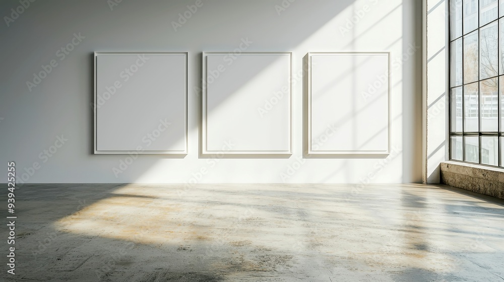 Aufkleber minimalist white frames arranged symmetrically on a pristine white wall, creating an open and airy a