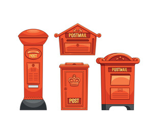 Old Fashioned British Red Mailboxes, Each With Unique Designs, Including A Pillar Box And Wall-mounted Box