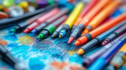 Obraz premium Detailed view of colorful pens and markers scattered on a sketchbook, with a variety of vibrant colors and artistic tools