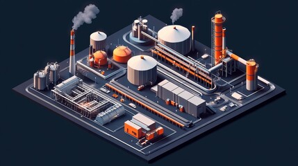 3D illustration of industrial infrastructure in isometric view on a dark background showcasing a large factory complex with a railway buildings and a pipeline viewed from the top