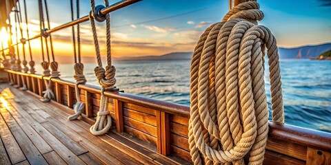 Obraz premium Rope hanging on a ship deck with maritime nautical sailing vessel mooring knot rigging marine sea harbor