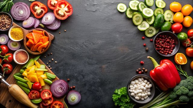 Tasty sliced vegetables on a black wooden board. Top view to professionally arranged attractive composition of tomatoes, cucumbers, piper, onion, carrot and spices in restaurant menu blackboard.