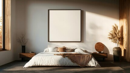 Bedroom Wall Art Display, square frame showcasing an interior poster in a cozy bedroom setting, inviting atmosphere, stylish decor, perfect for personal expression and creativity