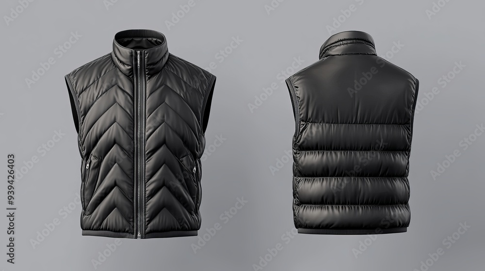 Poster 3d rendering of a black vest jacket with zipper showcasing both front and back views this mockup rep