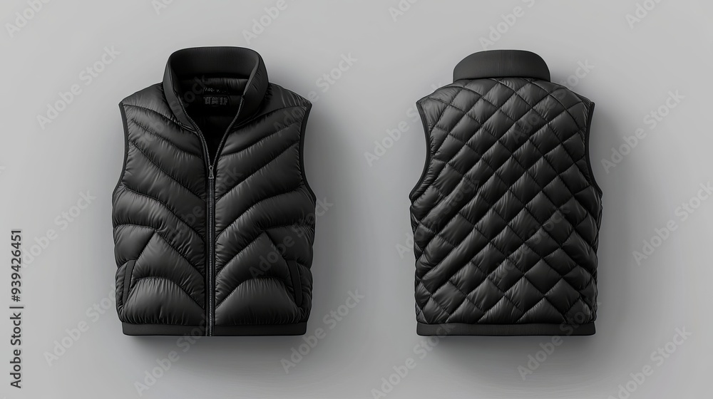 Poster 3d rendering of a black vest jacket with zipper showcasing both front and back views this mockup rep