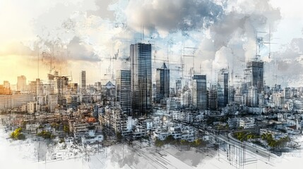 A mixed media illustration combining a sketch and a real urban cityscape scene representing the development and real estate business concept