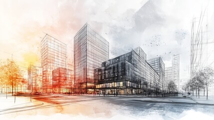Fototapeta premium A mixed media illustration combining a sketch and a real urban cityscape scene representing the development and real estate business concept