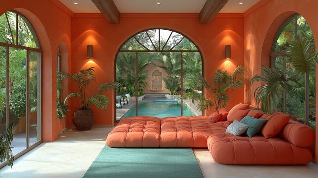 Tropical villa with arched windows and doors, leading to pool area, featuring luxurious interior design in bright terracotta colors