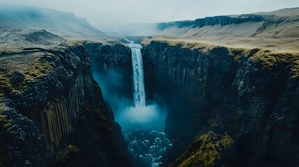 Majestic Aerial View of Cascading Waterfall in Rugged Canyon Landscape