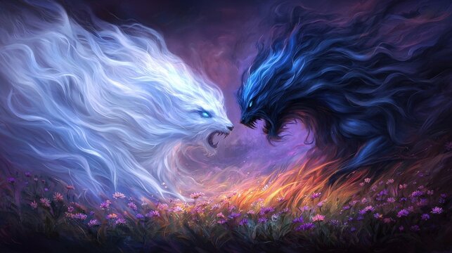 Ethereal guardian and dark creature fighting in a field of wildflowers