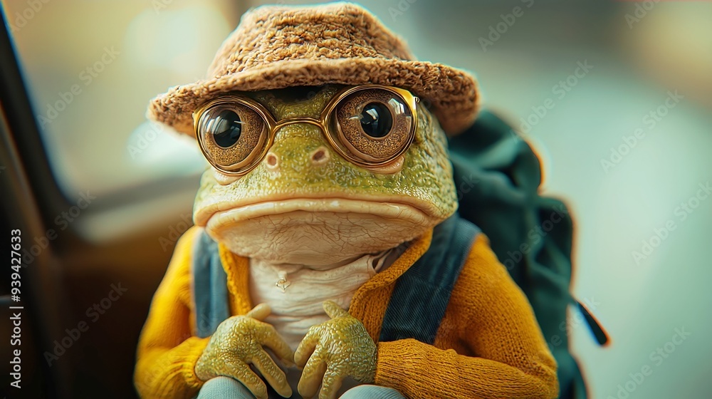 Poster pepe with folder, a character seated at a desk, engaged in work with documents, a bright environment