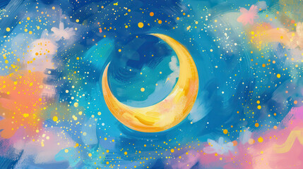 Colorful abstract artwork of a night sky featuring a glowing crescent moon surrounded by vibrant stars and soft clouds