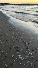 Sunset over the sea. Sea beach at the setting sun.