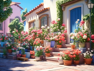 Gorgious a terrace with tropical plants in pots