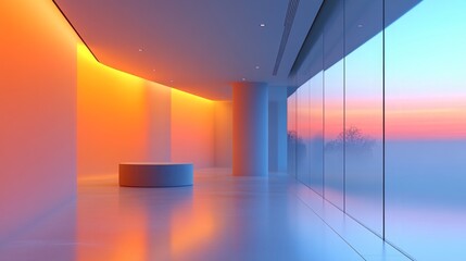 Sleek interior with bold orange lighting, large glass windows, and minimalist design overlooking a sunset view