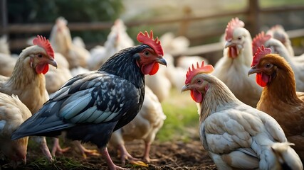 "Experience the unique beauty of a watercolour painting depicting a domestic farm bird, surrounded by a diverse flock of chickens, each breed carefully selected for their specific qualities and charac