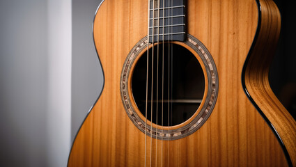 Obraz premium Acoustic guitar with copy space on the left for musical concept