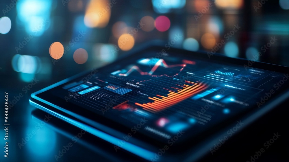Leinwandbilder digital tablet displaying a complex graph with analytics icons and technology overlays