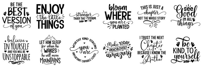 Cute Motivational Typographic Emblems, Hand Lettering Bundle Vector Illustration for Banner, Bookmark, Book Cover