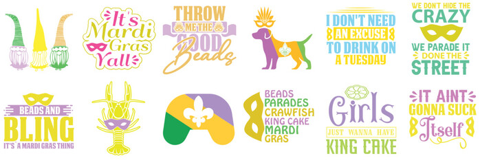 Decorative Mardi Gras Quotes, Inscriptions Set Vector Illustration for Logo, Stationery, T-Shirt Design