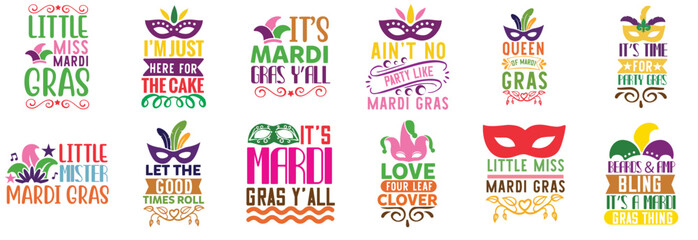 Simple Mardi Gras Inscriptions, Typography Collection Vector Illustration for Mug Design, Gift Card, Sticker