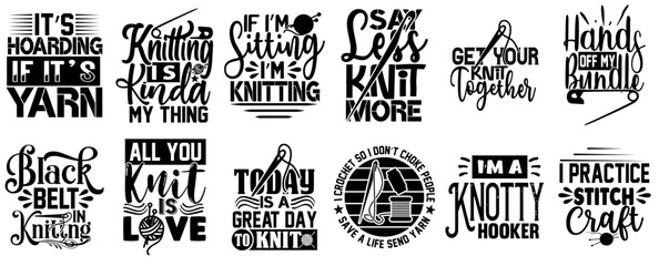 Modern Knitting Quotes, Typographic Emblems Bundle Vector Illustration for Gift Card, Greeting Card, Postcard
