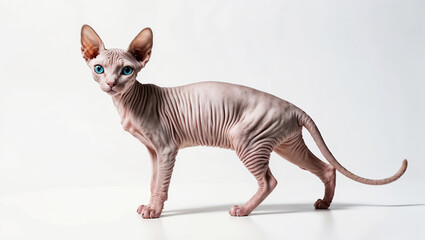 Hairless sphynx cat standing on white background