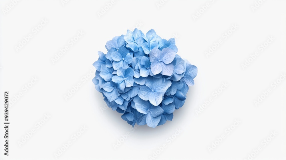 Poster a 3d single icon of a blue hydrangea flower cluster with detailed petals and a rounded shape rendere