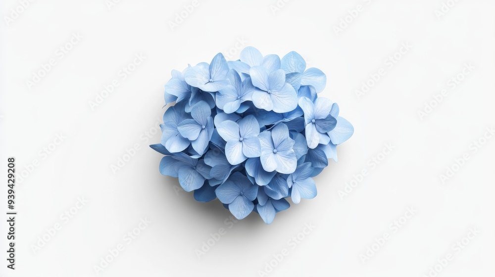 Poster a 3d single icon of a blue hydrangea flower cluster with detailed petals and a rounded shape rendere