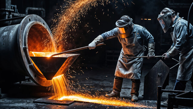 Two foundry workers pouring molten metal from furnace into mold