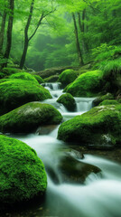 Serene Forest Stream with Moss-Covered Boulders