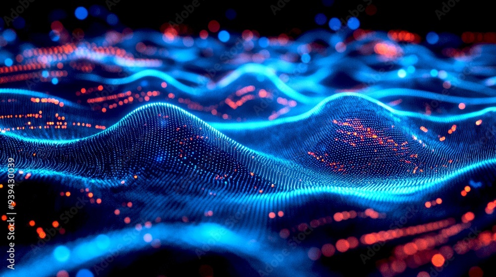 Aufkleber a vibrant blue and red wave of digital data flows across the image. this abstract design captures th