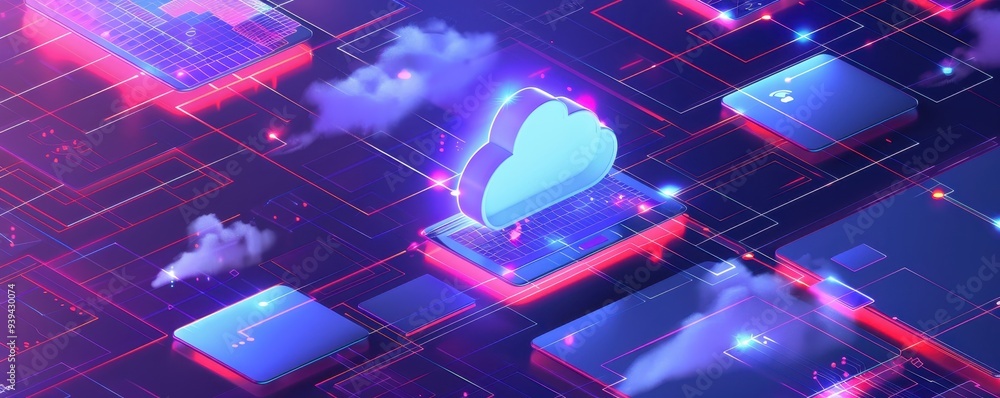 Poster futuristic cloud computing concept with neon lights and network connections, representing data stora