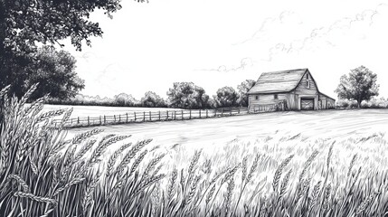 Handdrawn vintage vector engraving depicting a rural landscape featuring fields of wheat an old barn a house trees plants fences and other countryside elements in a panoramic view