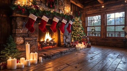 Cozy Holiday Cabin Decor: A Beautiful Poster of a Stone Fireplace, Red Stockings, and Warm Candles – Perfect for Adding Festive Charm to Your Home or Sports Interior!