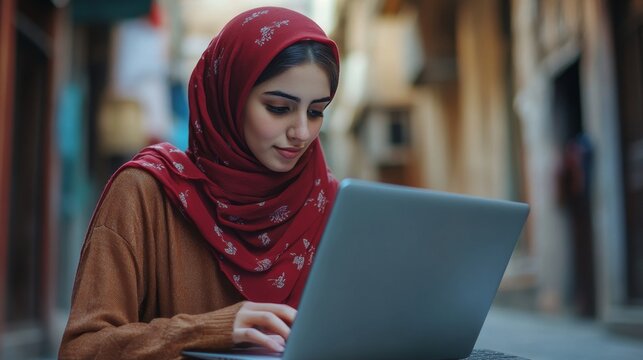 Young woman in a red hijab working on a laptop outdoors in a traditional setting, focusing on her tasks with concentration and dedication - Powered by Adobe
