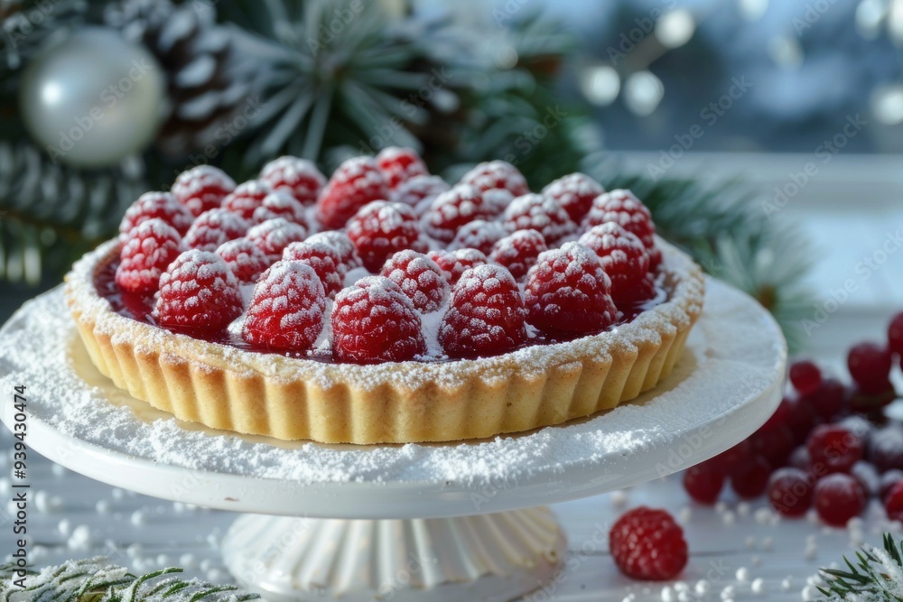 Poster raspberry tart with powdered sugar on a cake stand, surrounded by pine branches and christmas orname