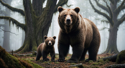 Fototapeta premium Brown bear family standing in a foggy forest