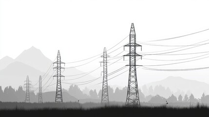 Monochrome illustration of high voltage power line towers presented as an electric transmission vector illustration