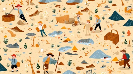 Cartoon illustration pattern design of people working outdoors