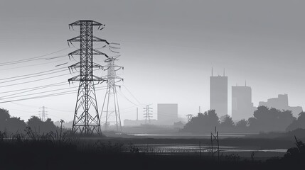 Monochrome illustration of high voltage power line towers presented as an electric transmission vector illustration
