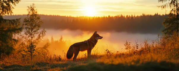 Silhouette of a lone wolf standing at the edge of a forest, minimalist composition, soft ambient light.