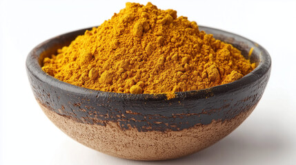 A wooden bowl of turmeric powder on a white background 