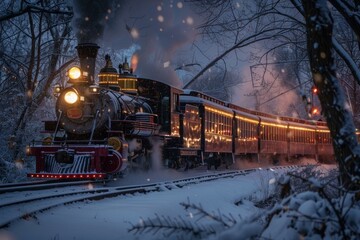 Old steam train decorated with christmas lights is traveling through a snowy landscape at dusk