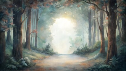 Fototapeta premium Serene Forest Pathway Leading to a Bright Clearing with Copy Space