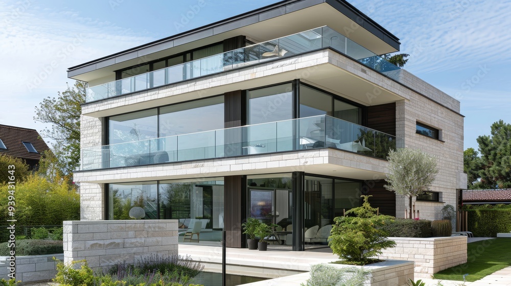 Wall mural A three-story contemporary house features expansive glass balconies, highlighted by a meticulously maintained garden surrounding it.